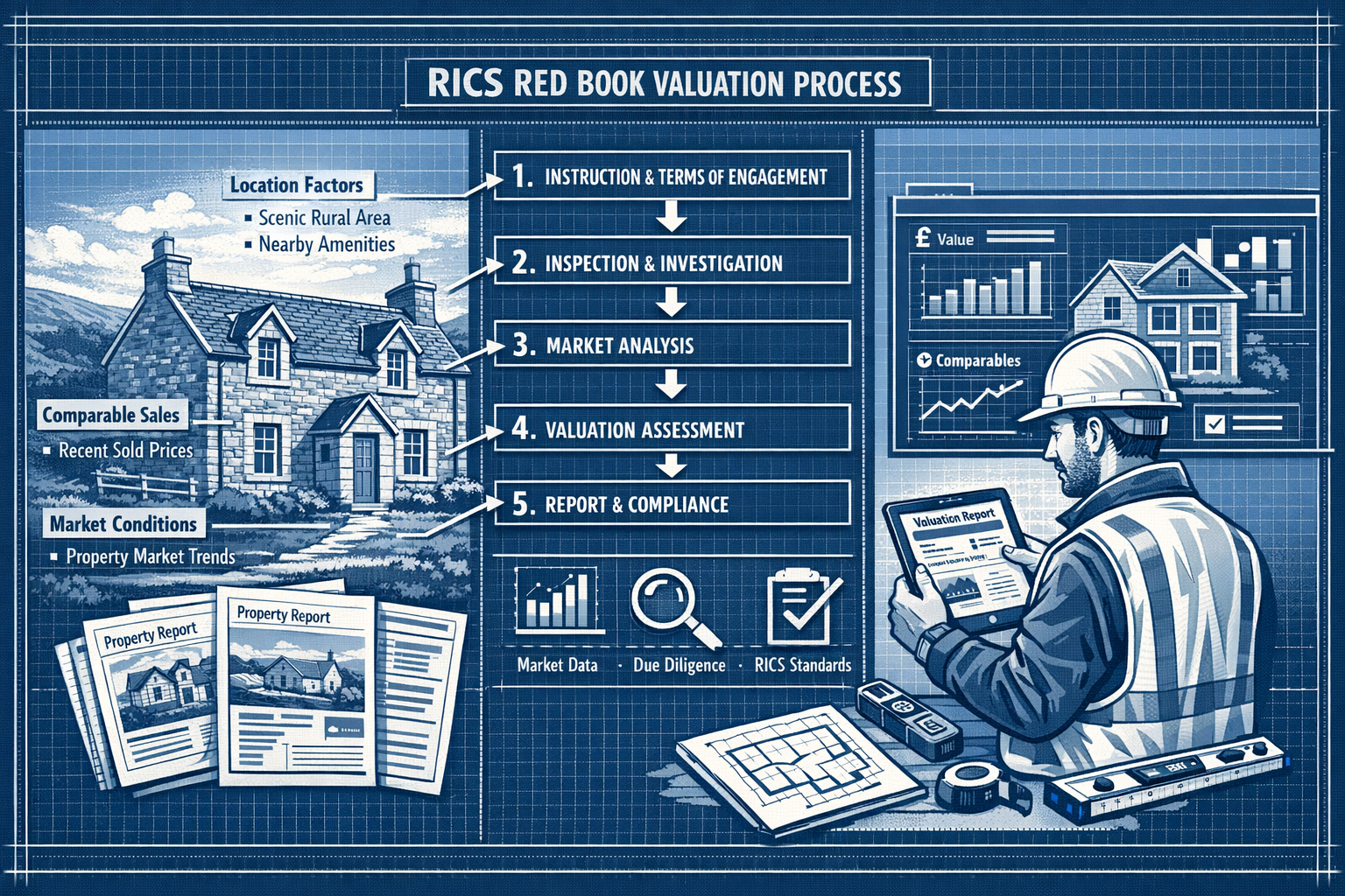 Detailed landscape format (1536x1024) technical illustration demonstrating RICS Red Book valuation methodology applied to Scottish propertie