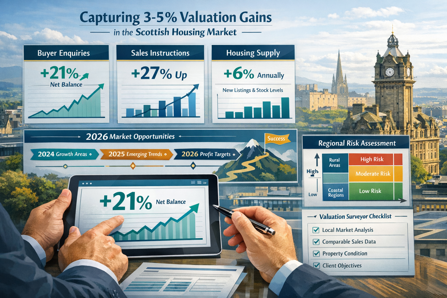 Detailed landscape format (1536x1024) strategic planning visualization for capturing 3-5% valuation gains in Scottish housing market. Centra