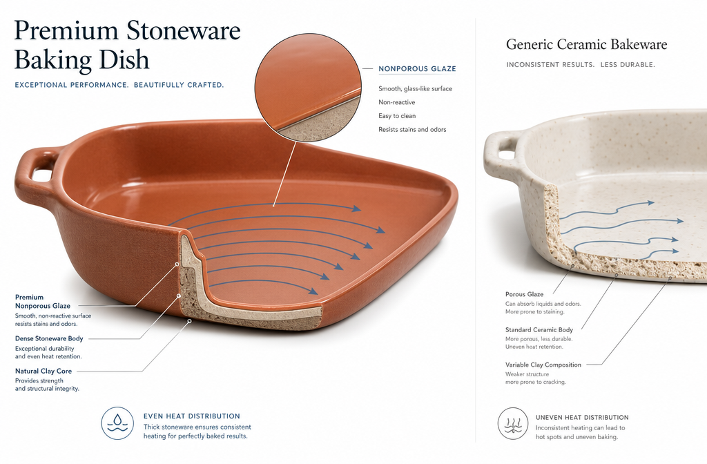 Landscape format (1536x1024) editorial photograph showing a cross-section comparison of Le Creuset stoneware material layers with a magnified inset diagram illustrating the nonporous glaze surface, heat distribution arrows flowing evenly across the base, and a side-by-side visual of Le Creuset stoneware versus generic ceramic bakeware. Clean white background with professional product lighting, muted blue and terracotta color scheme, scientific illustration style with subtle text labels.

