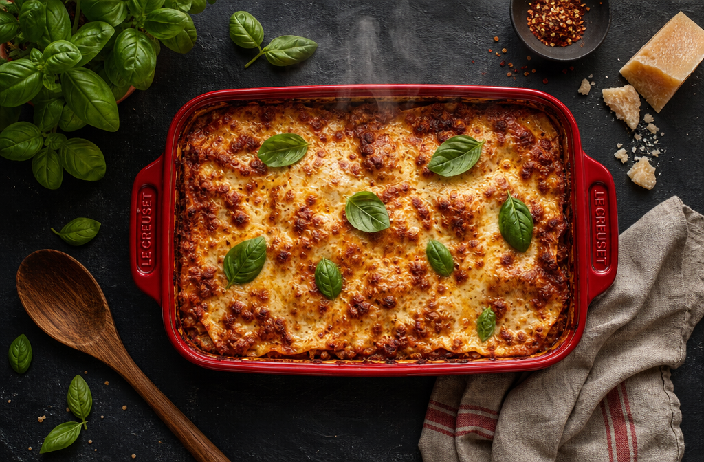 Landscape format (1536x1024) overhead flat-lay photograph of a Le Creuset Heritage Rectangular Casserole in Cerise red filled with bubbling golden-topped lasagna, surrounded by fresh basil leaves, a wooden serving spoon, and a folded linen cloth on a dark slate surface. Steam rising from the dish, warm kitchen lighting, rich food photography aesthetic. Completely different angle and scene from cover image — top-down perspective, food styling focus, deep jewel tones.

What Materials Is This Casserole Made From?