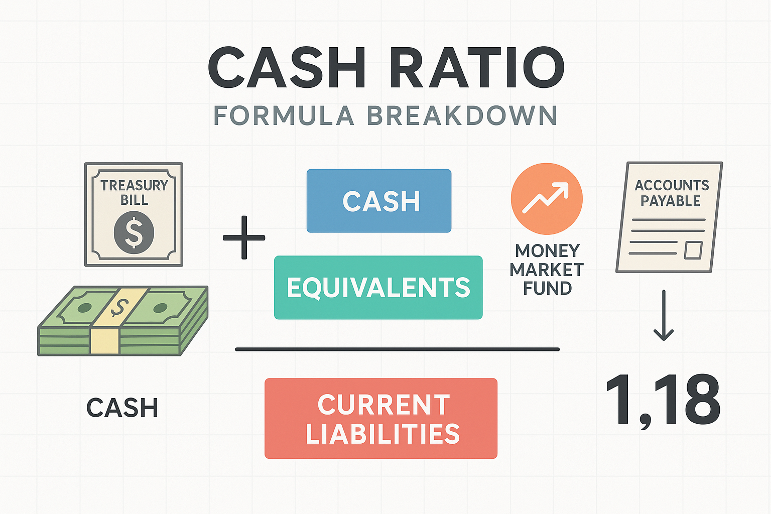 Detailed infographic illustration showing the cash ratio formula breakdown in landscape format (1536x1024). Central focus on mathematical eq