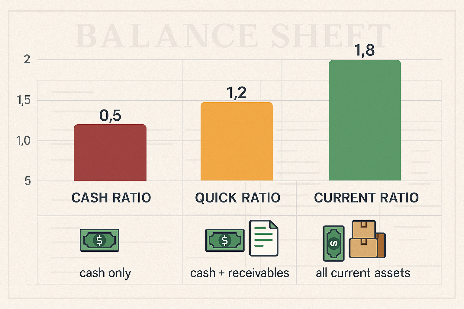 Comparative chart visualization in landscape format (1536x1024) displaying three liquidity ratios side by side: Cash Ratio, Quick Ratio, and
