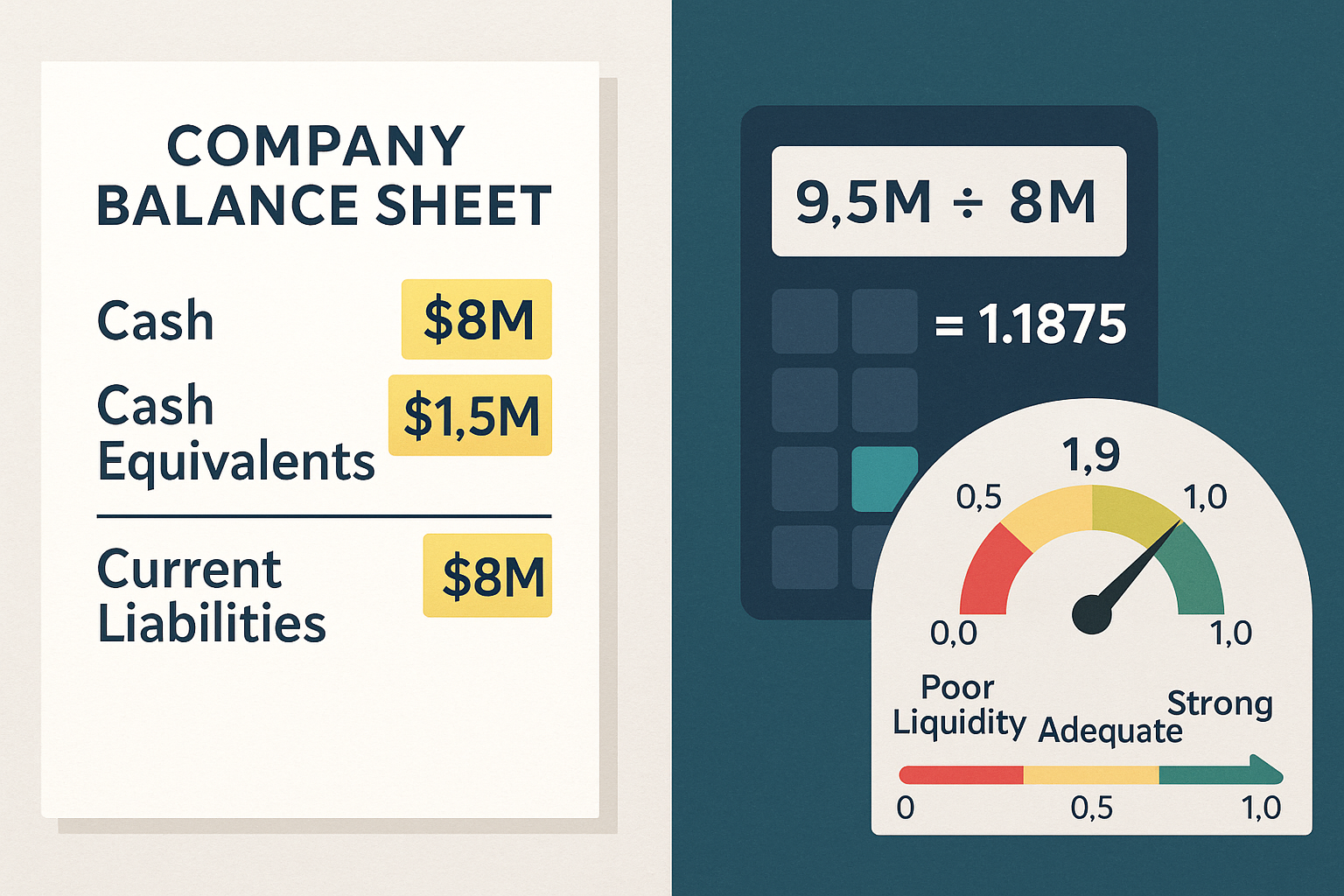 Practical application scenario illustration in landscape format (1536x1024) showing real-world cash ratio analysis. Split-screen composition