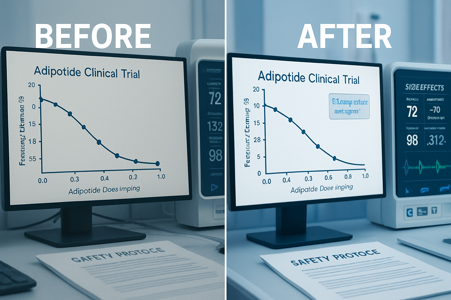 Split-screen comparison showing before and after research data charts, adipotide clinical trial results graphs, side effect monitoring equip