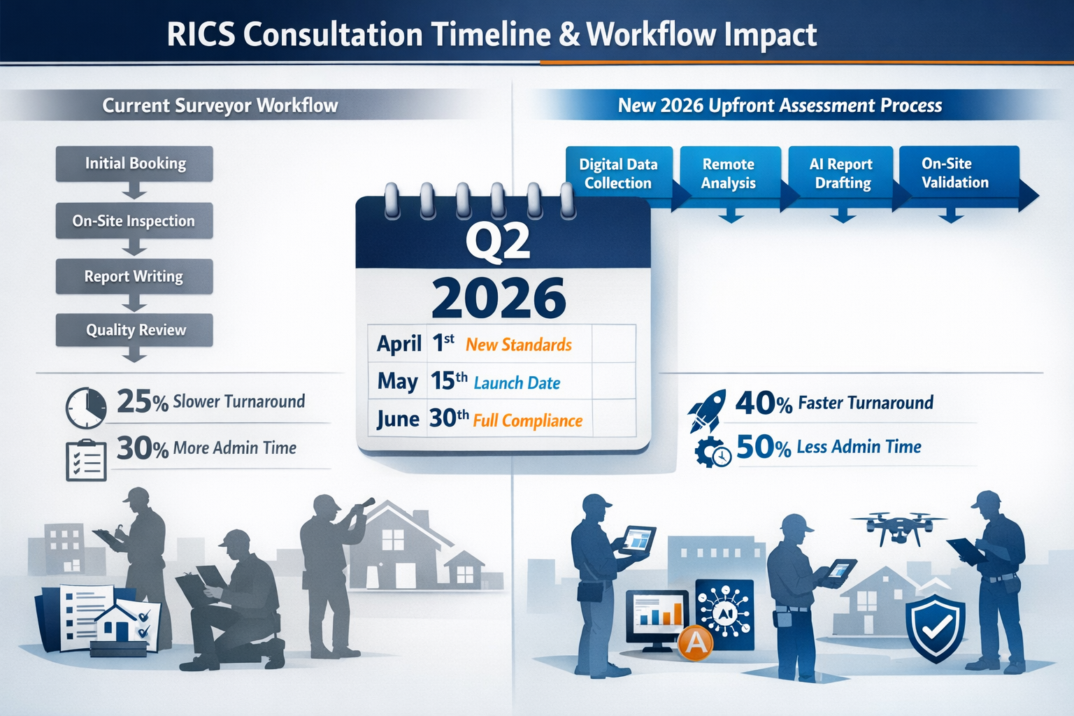 () detailed infographic showing RICS consultation timeline and workflow impact visualization. Split-screen composition: left
