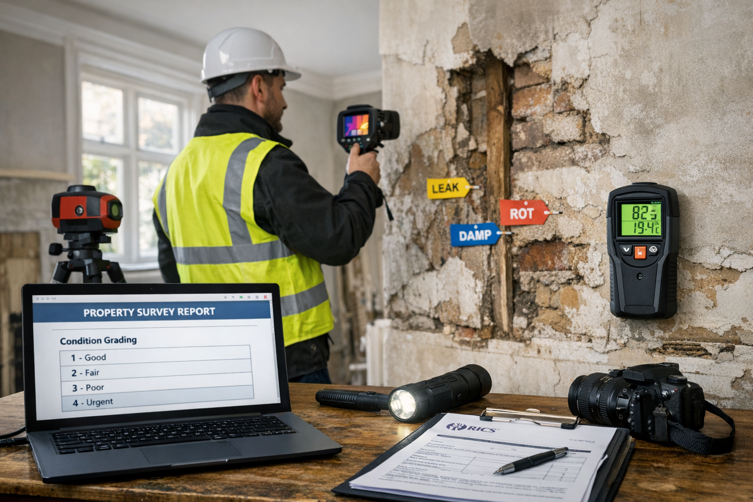 () photograph of professional surveyor conducting detailed building condition assessment inside residential property.