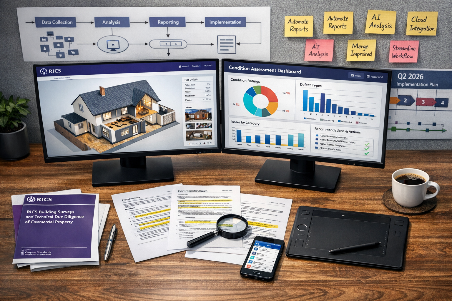 () modern office workspace scene showing surveyor workflow adaptation and digital transformation. Overhead view of large