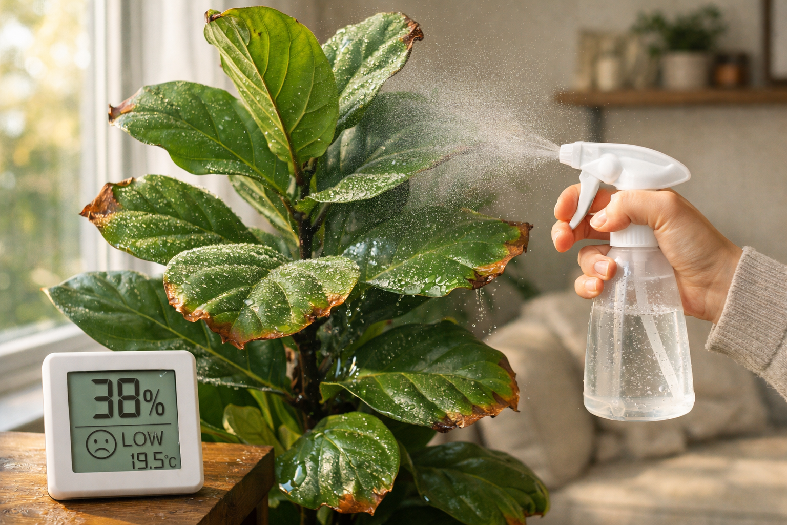 () image illustrating a person misting a houseplant with brown leaf tips using a fine-mist spray bottle, highlighting the