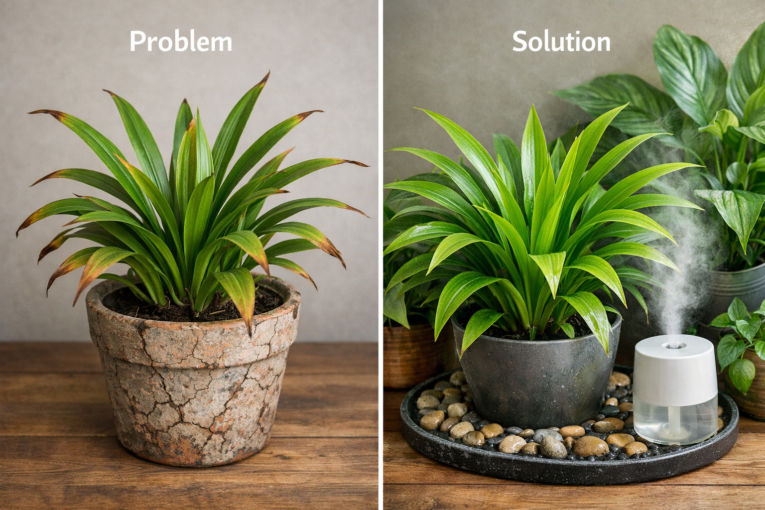 () image comparing two identical houseplants side-by-side. One plant on the left has prominent brown leaf tips and is placed