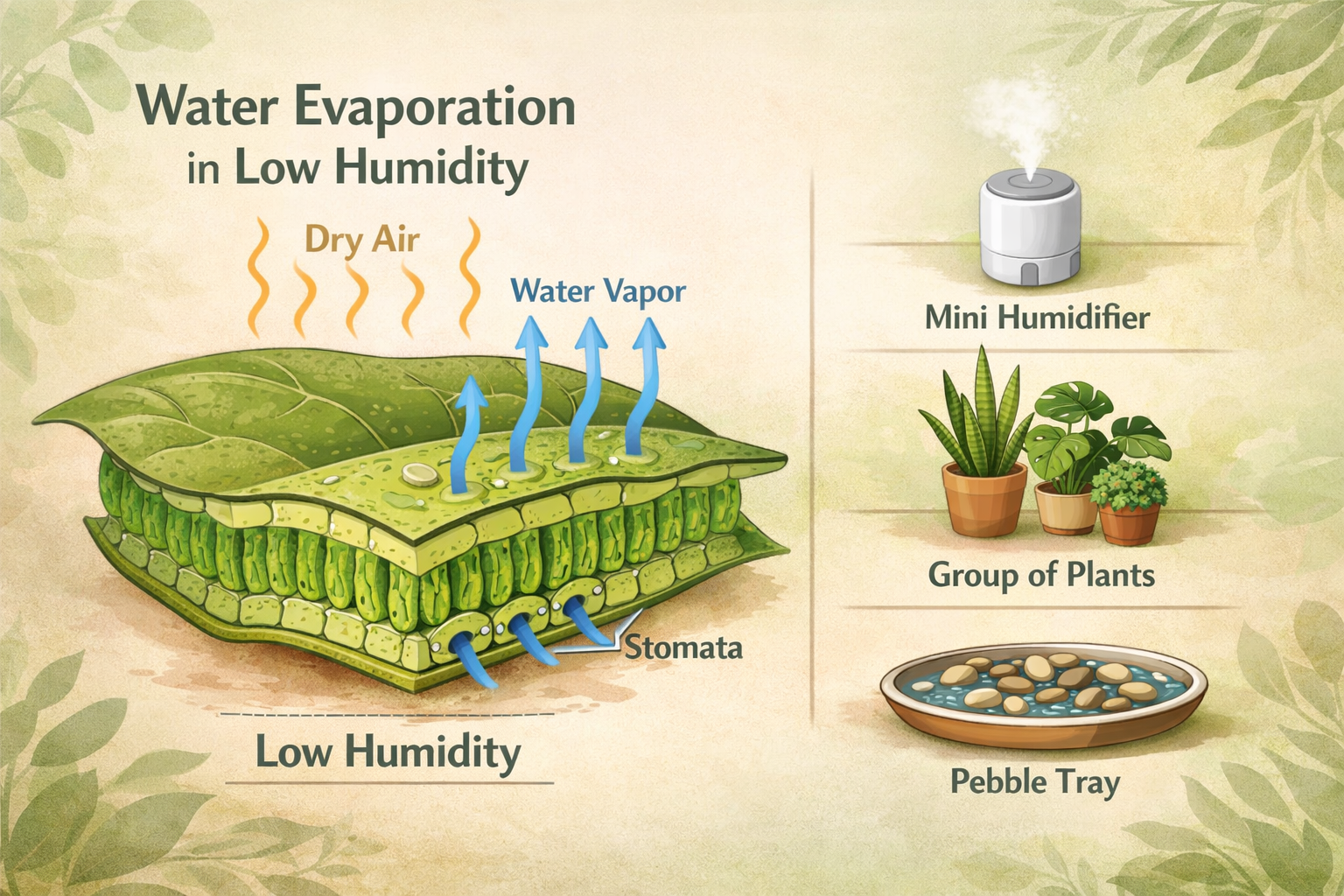 () infographic showing a cross-section diagram of a plant leaf with arrows indicating water evaporation from the stomata,