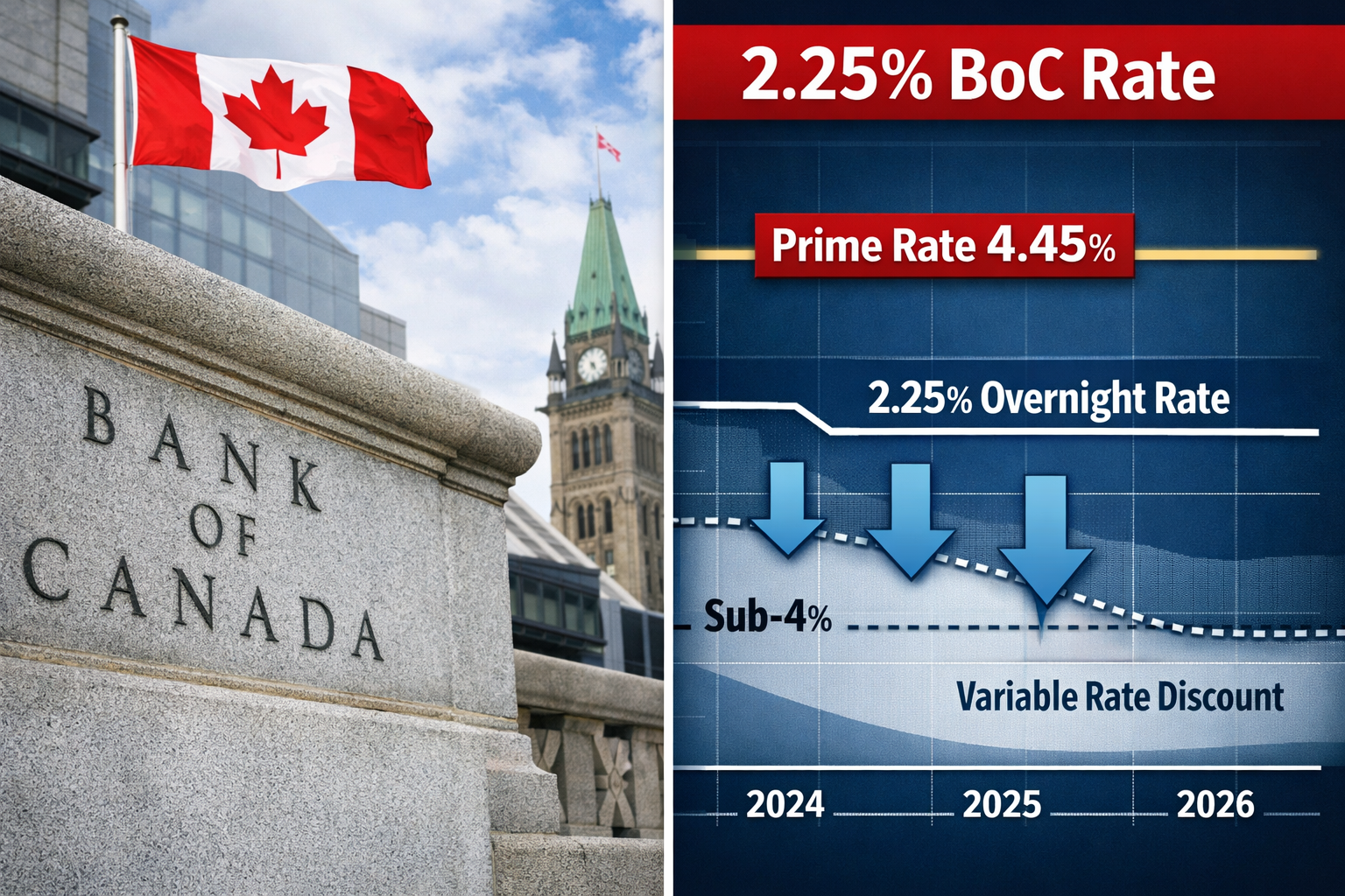 () editorial image showing split-screen composition: left side displays Bank of Canada building in Ottawa with Canadian