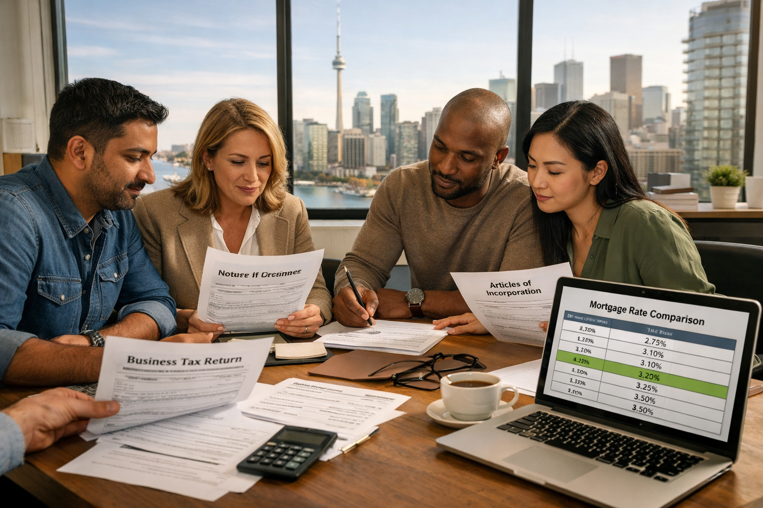 () professional photograph of diverse self-employed professionals in modern Toronto office space reviewing mortgage