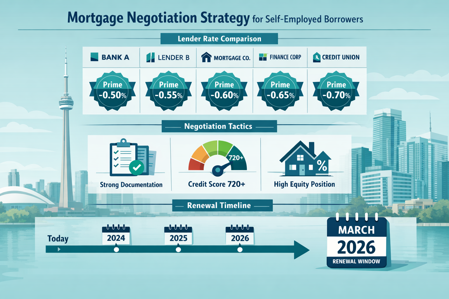 () detailed infographic-style image showing mortgage negotiation strategy flowchart for self-employed borrowers. Visual