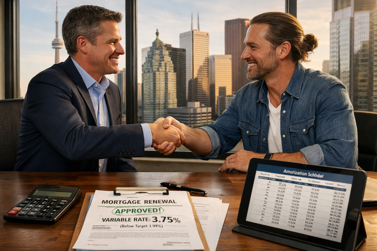 () conceptual image showing successful mortgage renewal celebration: professional handshake between mortgage broker and