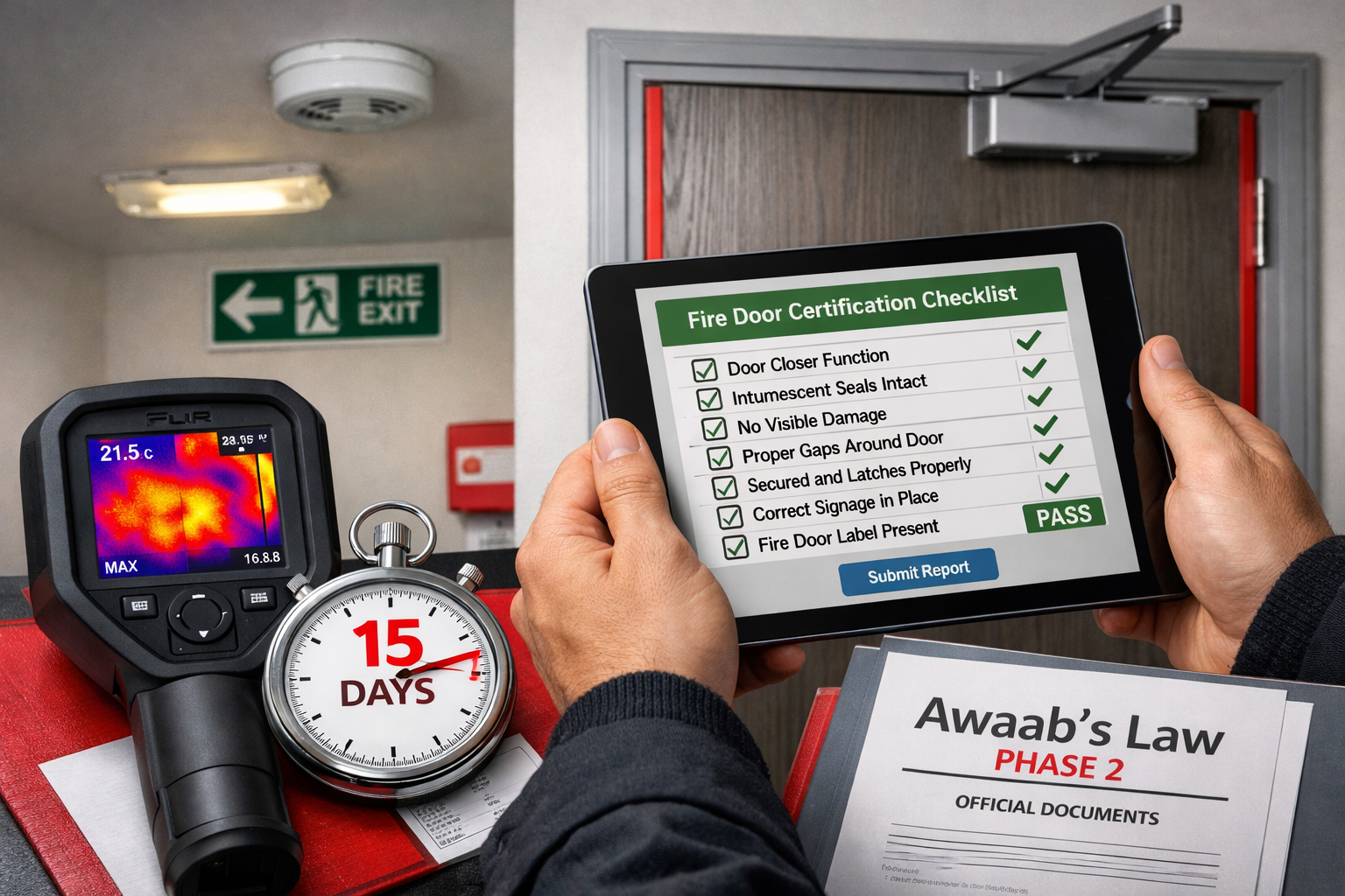 () detailed inspection scene showing professional surveyor conducting fire hazard assessment in PRS property interior.