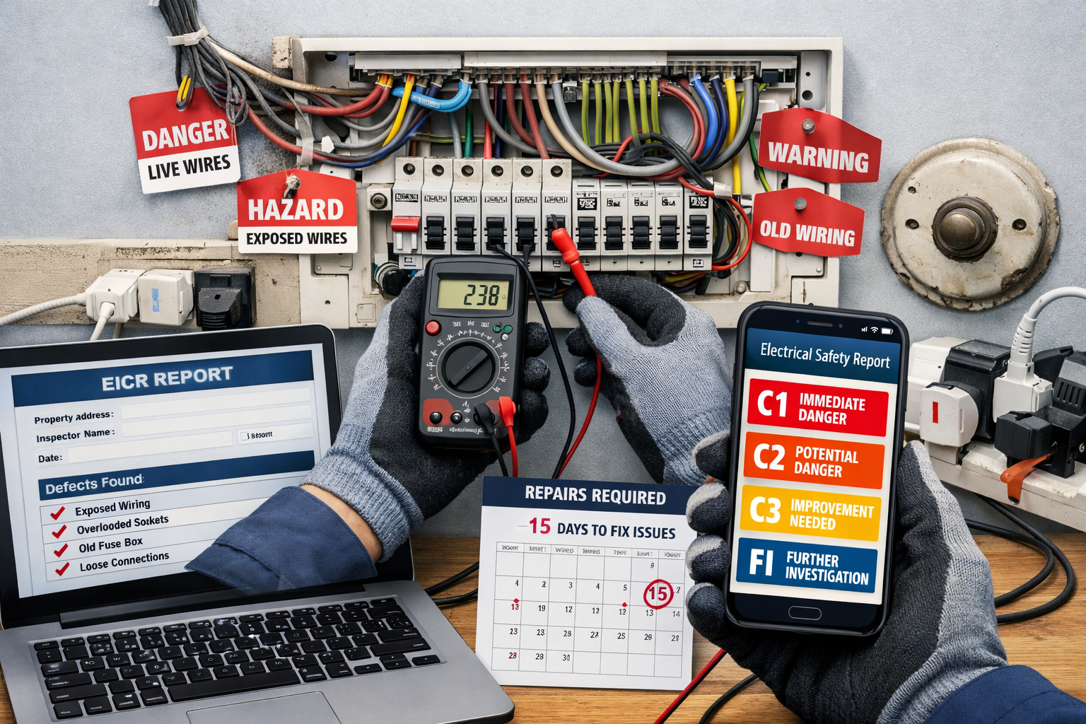 () technical documentation scene featuring electrical hazard identification in rental property setting. Wide-angle view of