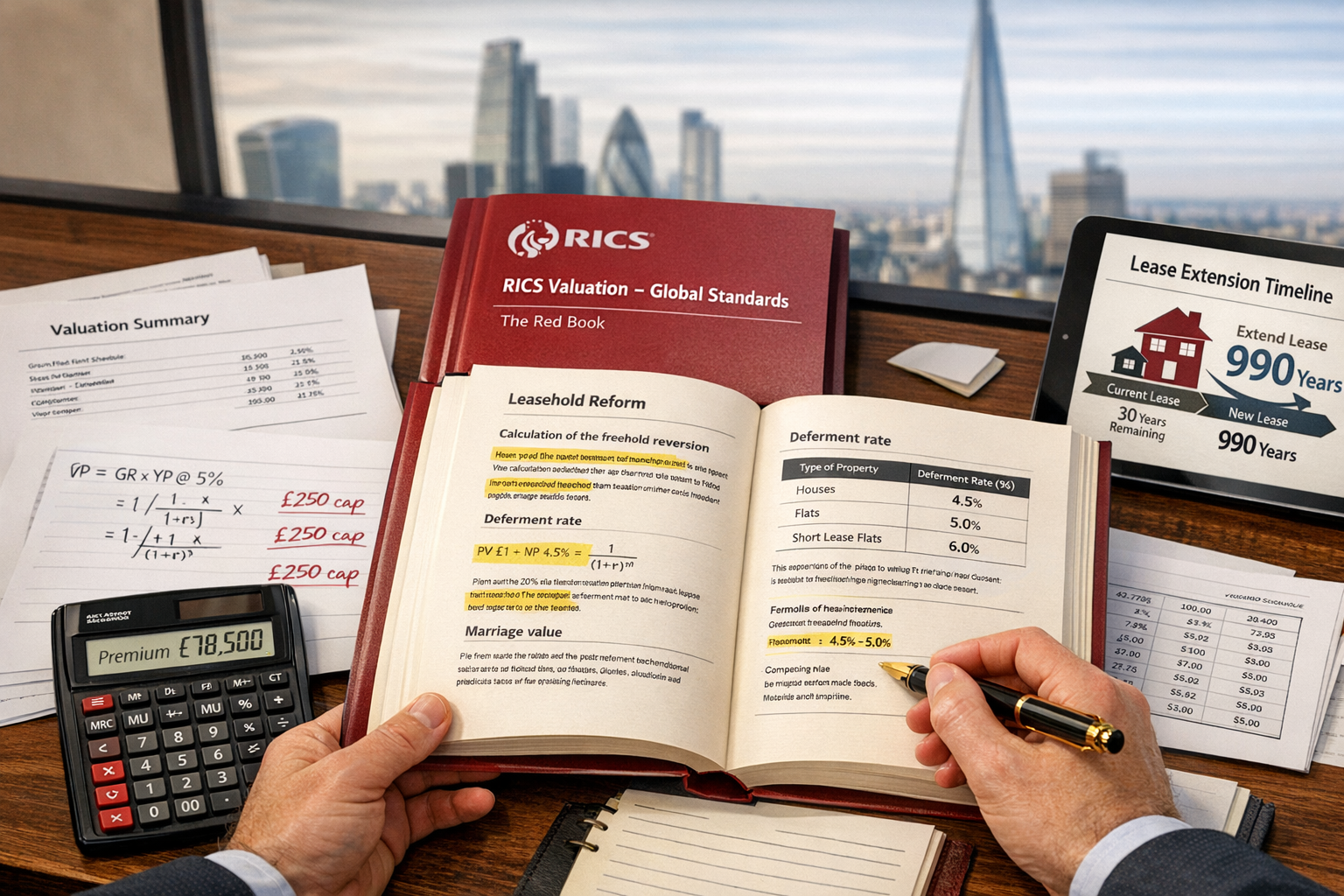 Detailed () image showing close-up of RICS Red Book valuation manual opened on professional desk with highlighted sections