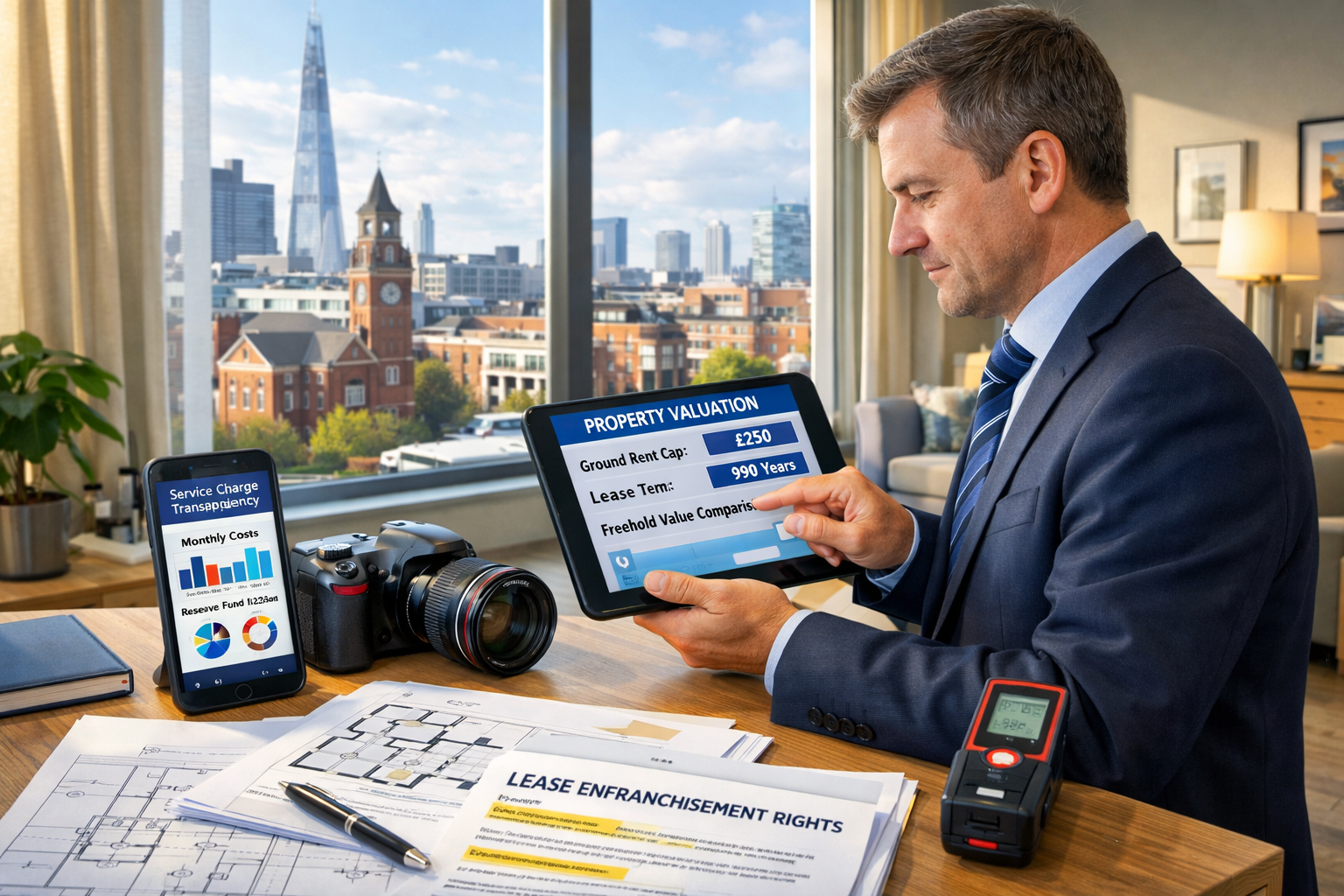 Detailed () image showing modern surveyor conducting property valuation using advanced technology. Scene depicts