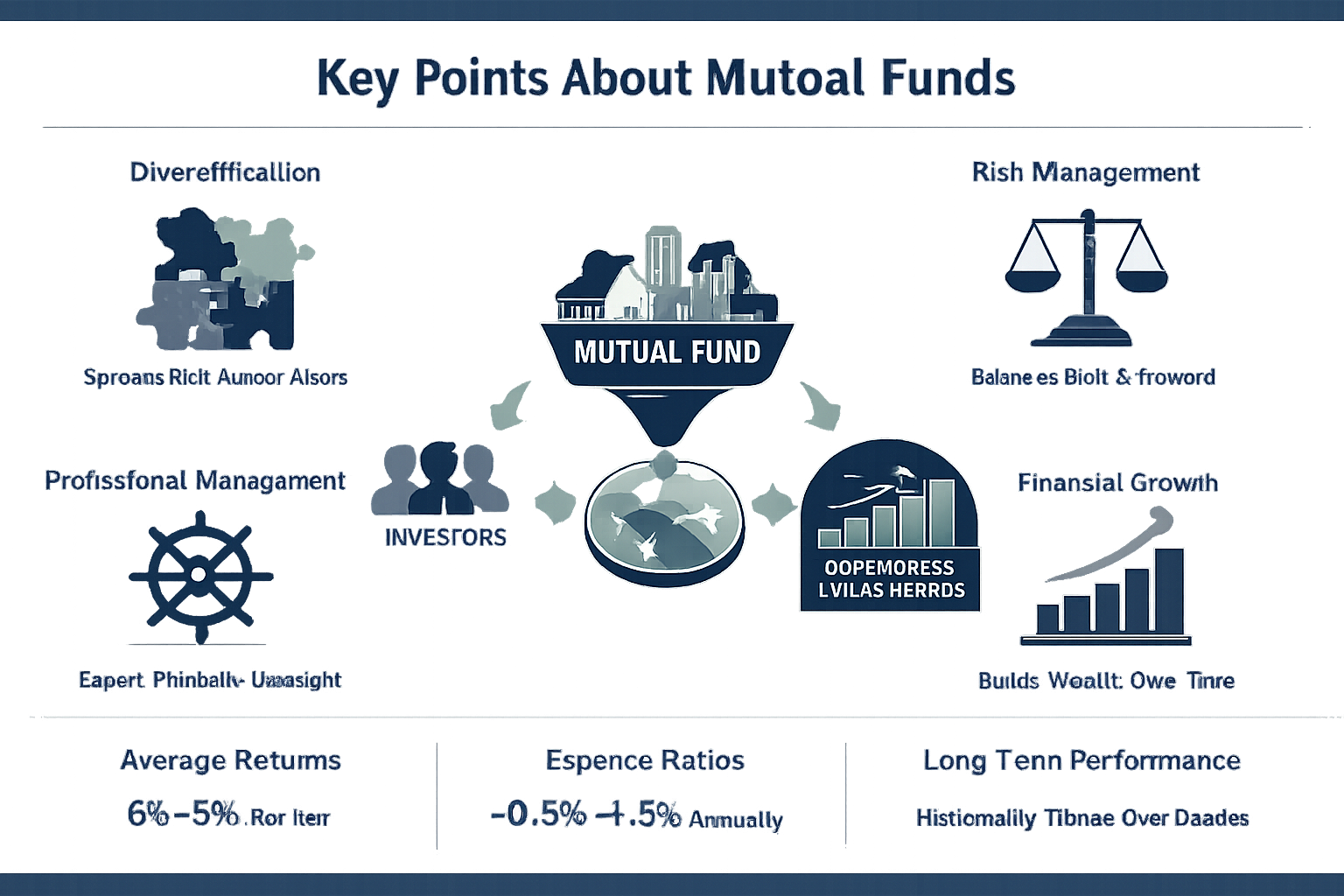 Editorial-style infographic visualizing key takeaways about mutual funds, featuring minimalist icons representing investment concepts: diver