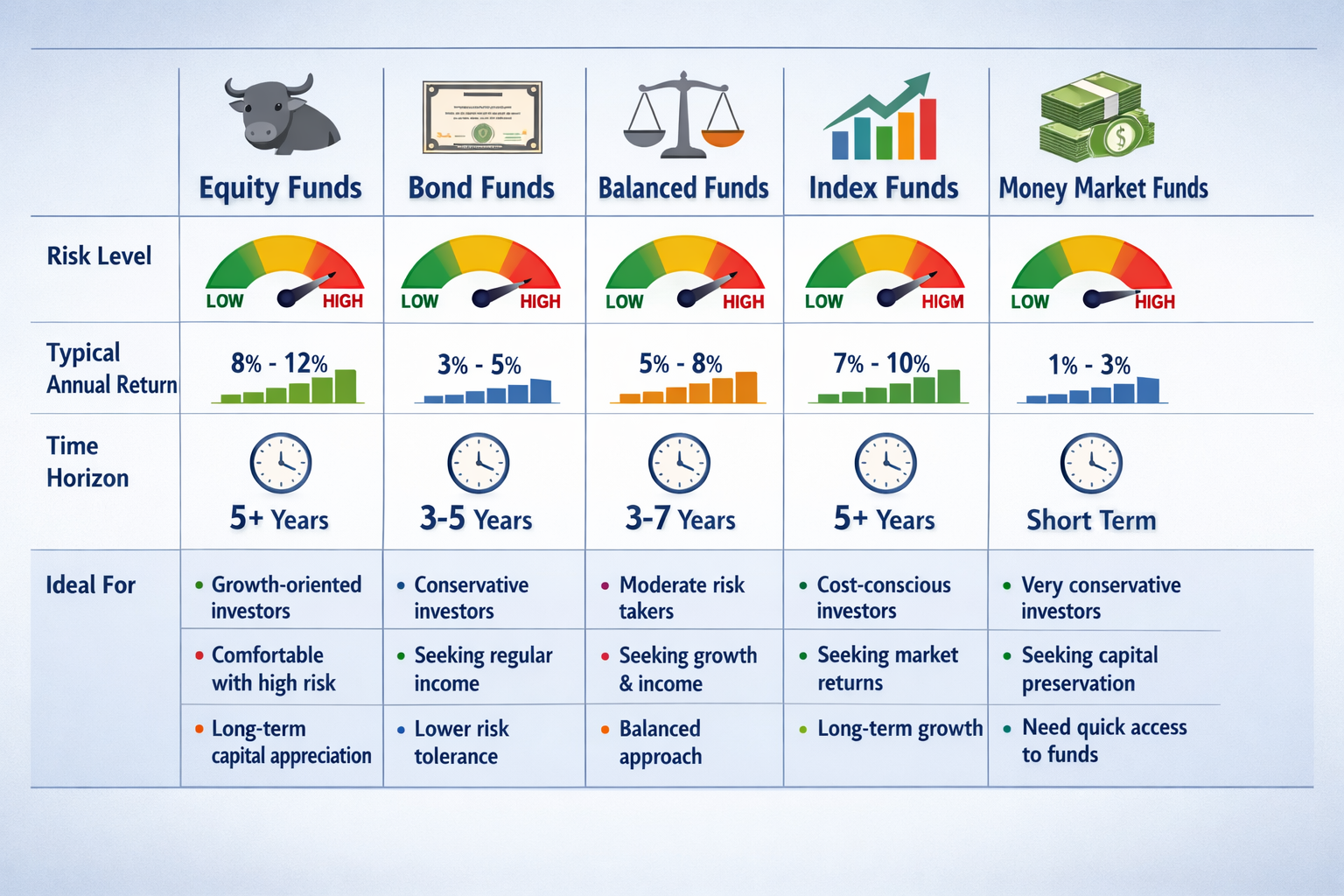 Comprehensive comparison table visualization (1536x1024) showing five main mutual fund types side-by-side: Equity Funds, Bond Funds, Balance