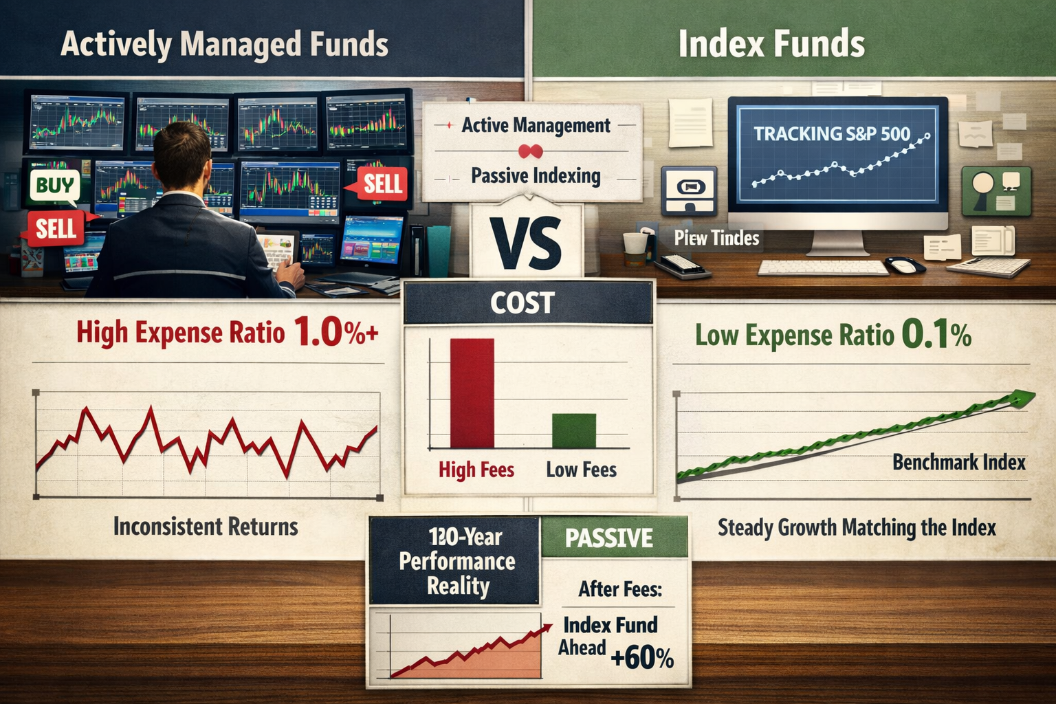 Split-screen landscape comparison graphic (1536x1024) contrasting Actively Managed Funds versus Index Funds. Left side shows active manageme