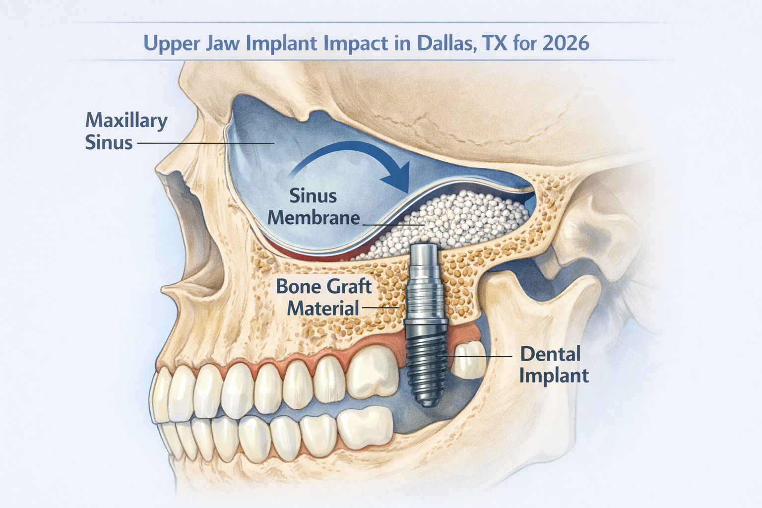 A detailed illustration showing a sagittal view of the human skull, specifically focusing on the upper jaw and maxillary sinus cavity. The i