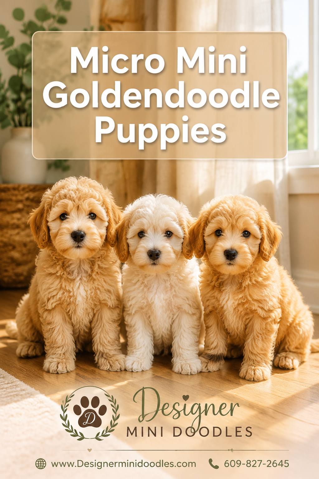Professional () hero image with : 'Micro Mini Goldendoodle Puppies', centered upper-third inside a semi-transparent warm