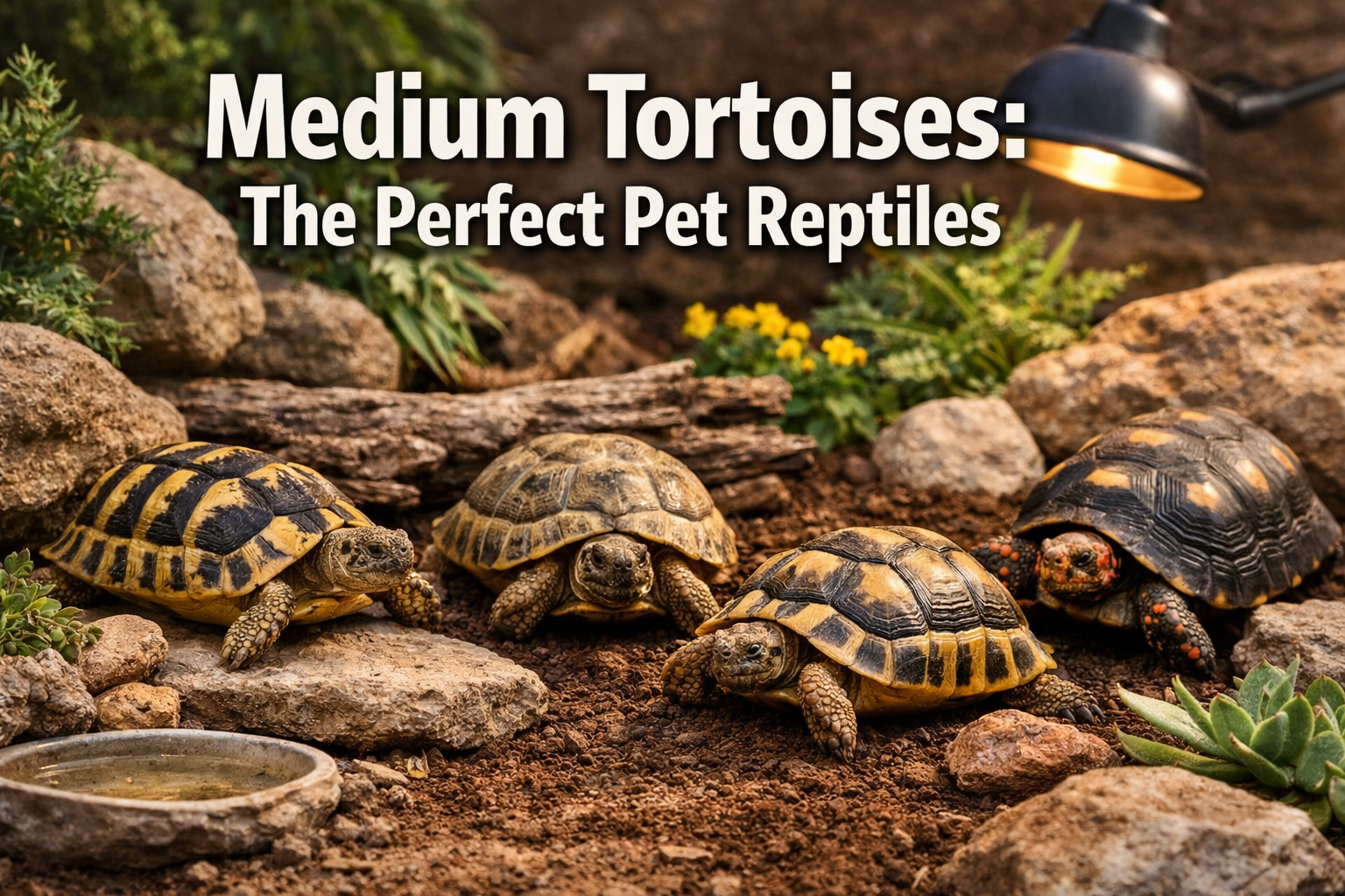 Professional landscape hero image (1536x1024) featuring bold text overlay 'Medium Tortoises: The Perfect Pet Reptiles' in extra large 72pt w