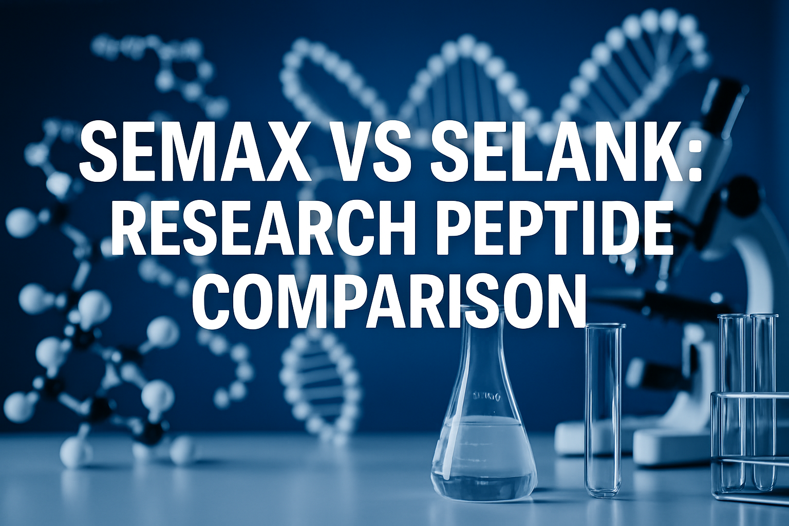 Professional landscape hero image (1536x1024) featuring bold text overlay 'Semax vs Selank: Research Peptide Comparison' in extra large 72pt