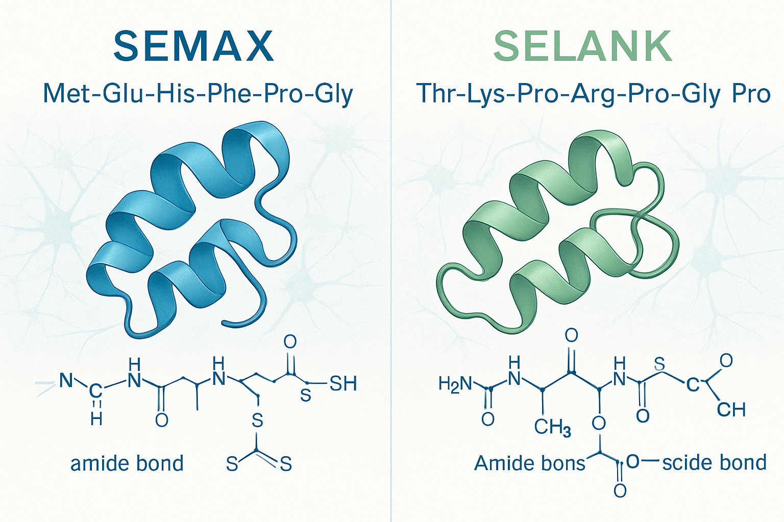 Scientific illustration showing two distinct molecular structures side by side representing Semax and Selank peptides, with detailed amino a