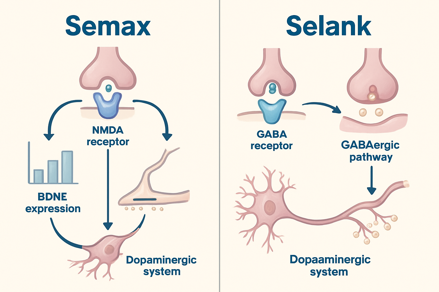 Comparative infographic displaying mechanism of action pathways for Semax and Selank, featuring neurotransmitter receptors, BDNF expression 