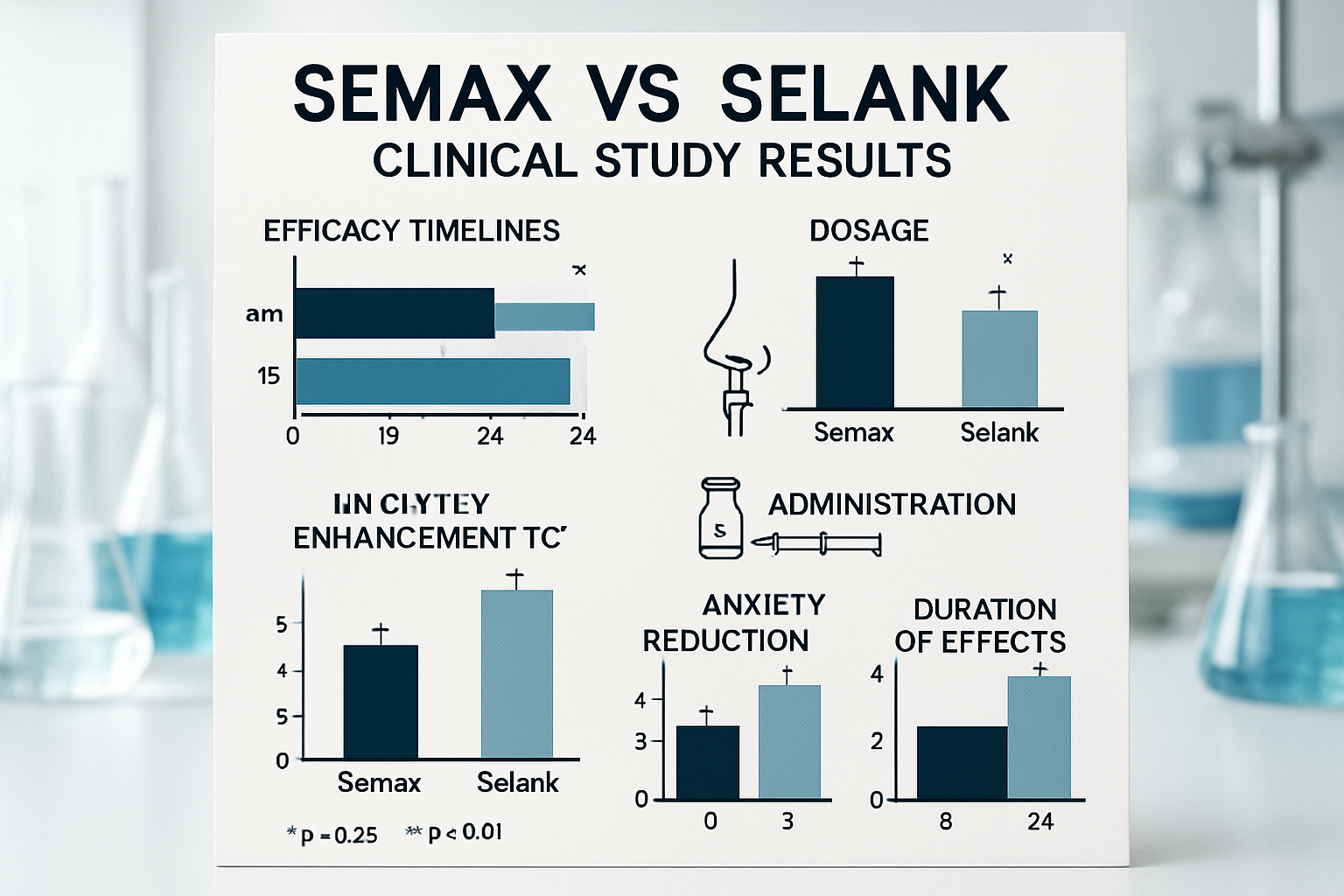 Research data visualization showing clinical study results comparing Semax vs Selank efficacy timelines, dosage charts, and administration m