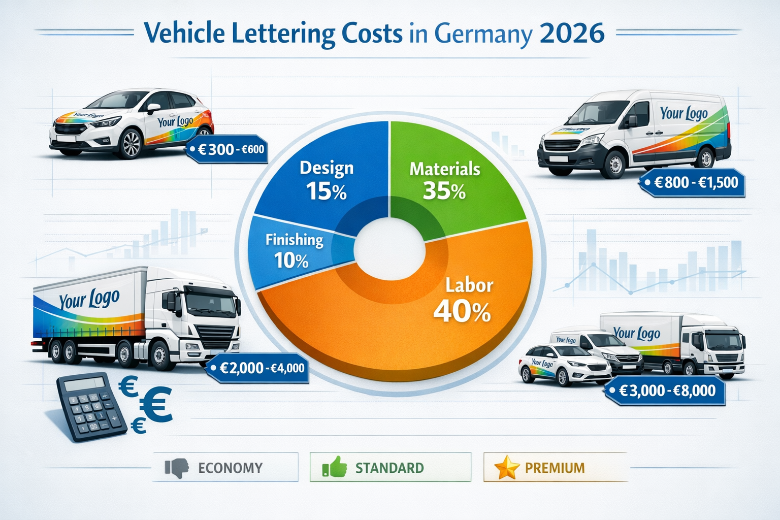 Landscape format (1536x1024) cost breakdown visualization for vehicle lettering services in Germany 2026. Central pie chart showing budget a
