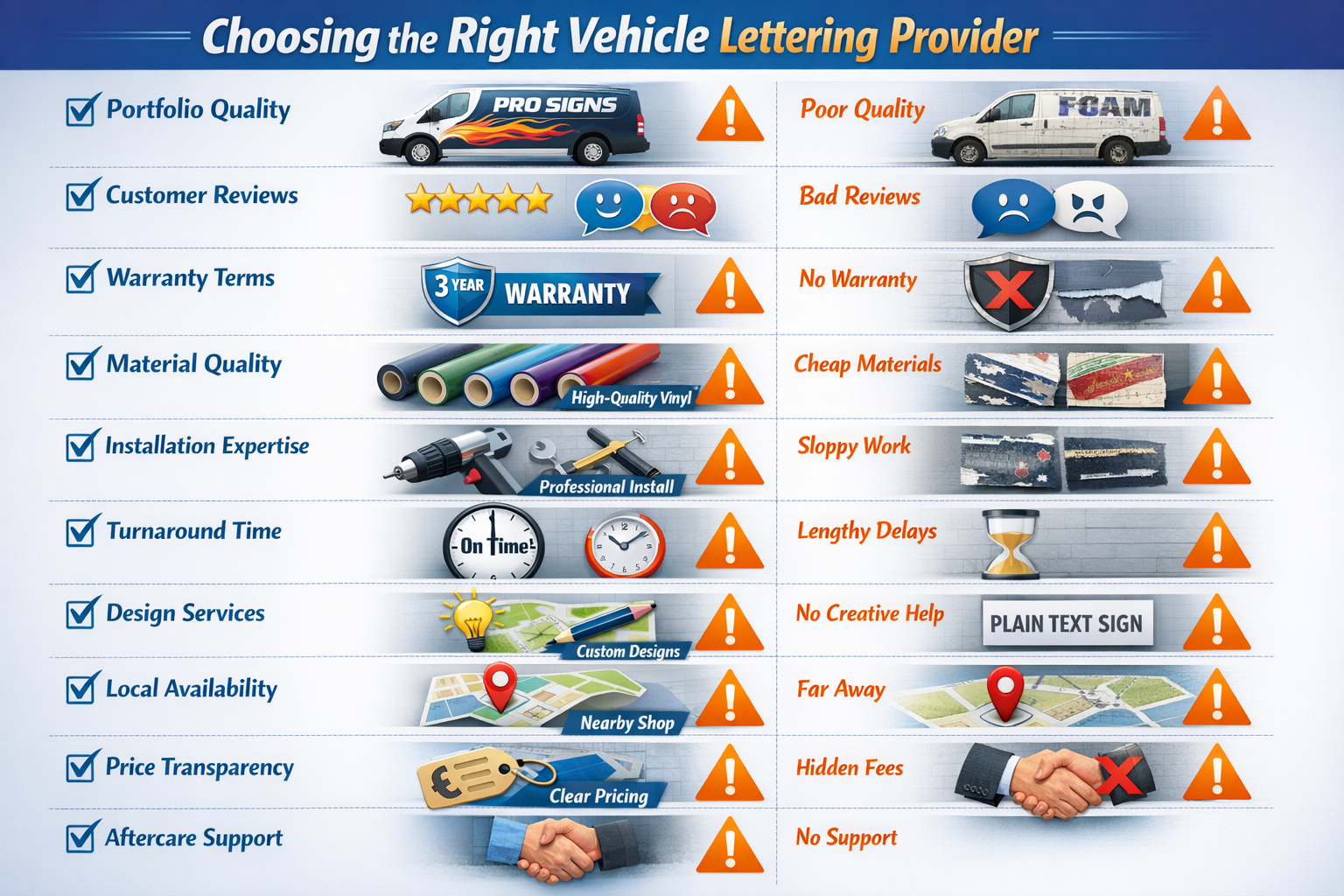 Landscape format (1536x1024) checklist-style infographic titled 'Choosing the Right Vehicle Lettering Provider' with ten evaluation criteria