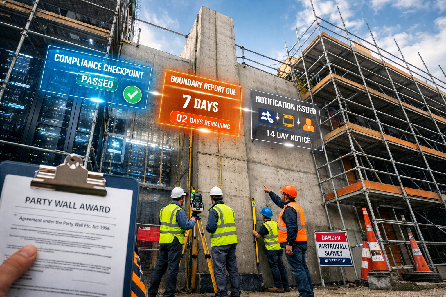 Detailed () image depicting modern UK data centre construction site with two adjacent properties showing shared party wall