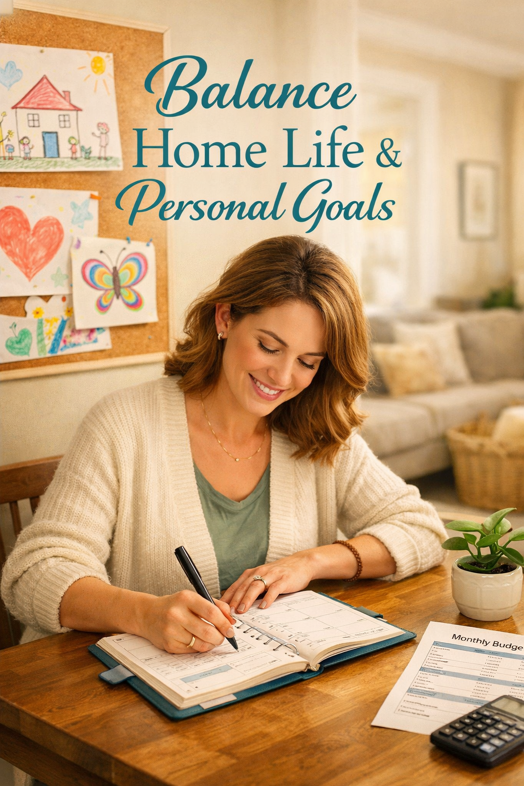 Portrait/Pinterest format () editorial image showing a stay-at-home mom confidently writing in a structured weekly planner