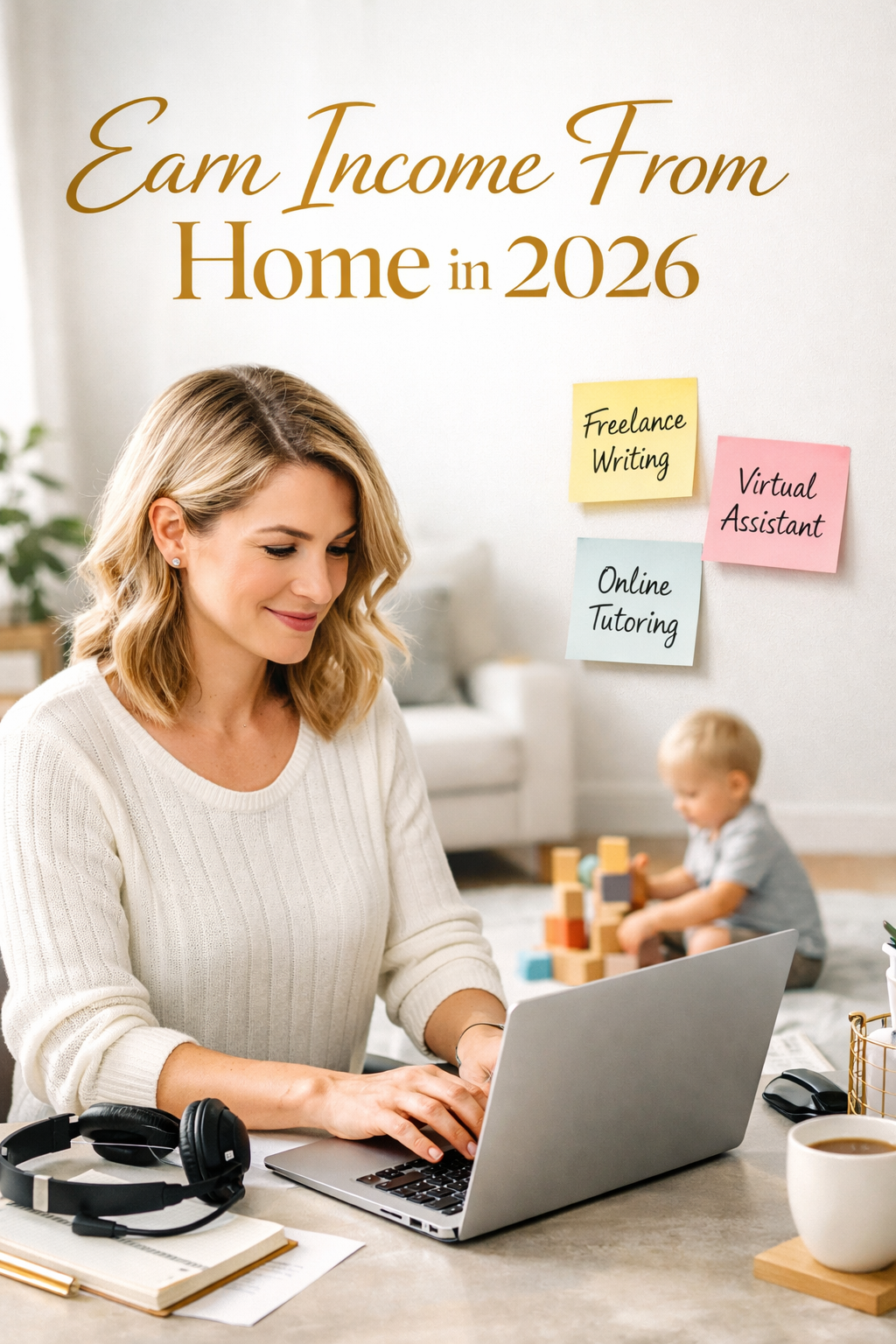 Portrait/Pinterest format () editorial image of a stay-at-home mother working on a laptop at a dedicated home office corner,