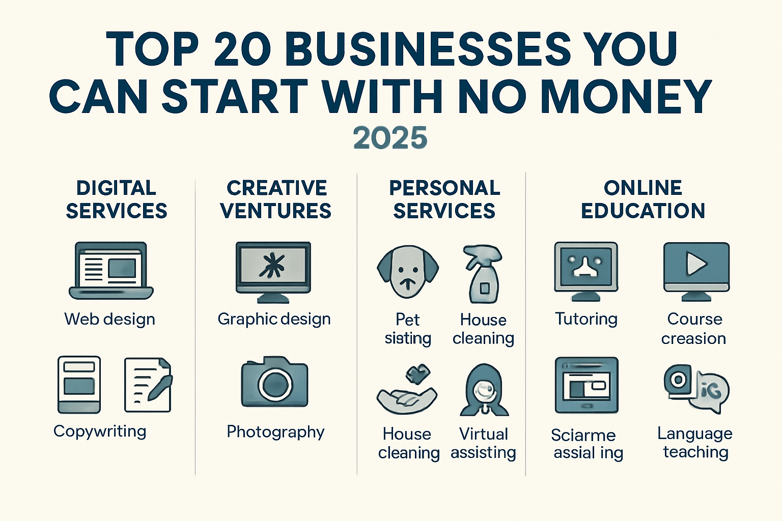 A visually engaging infographic in a landscape format (1536x1024) illustrating five key categories of no-money startup businesses: Digital S