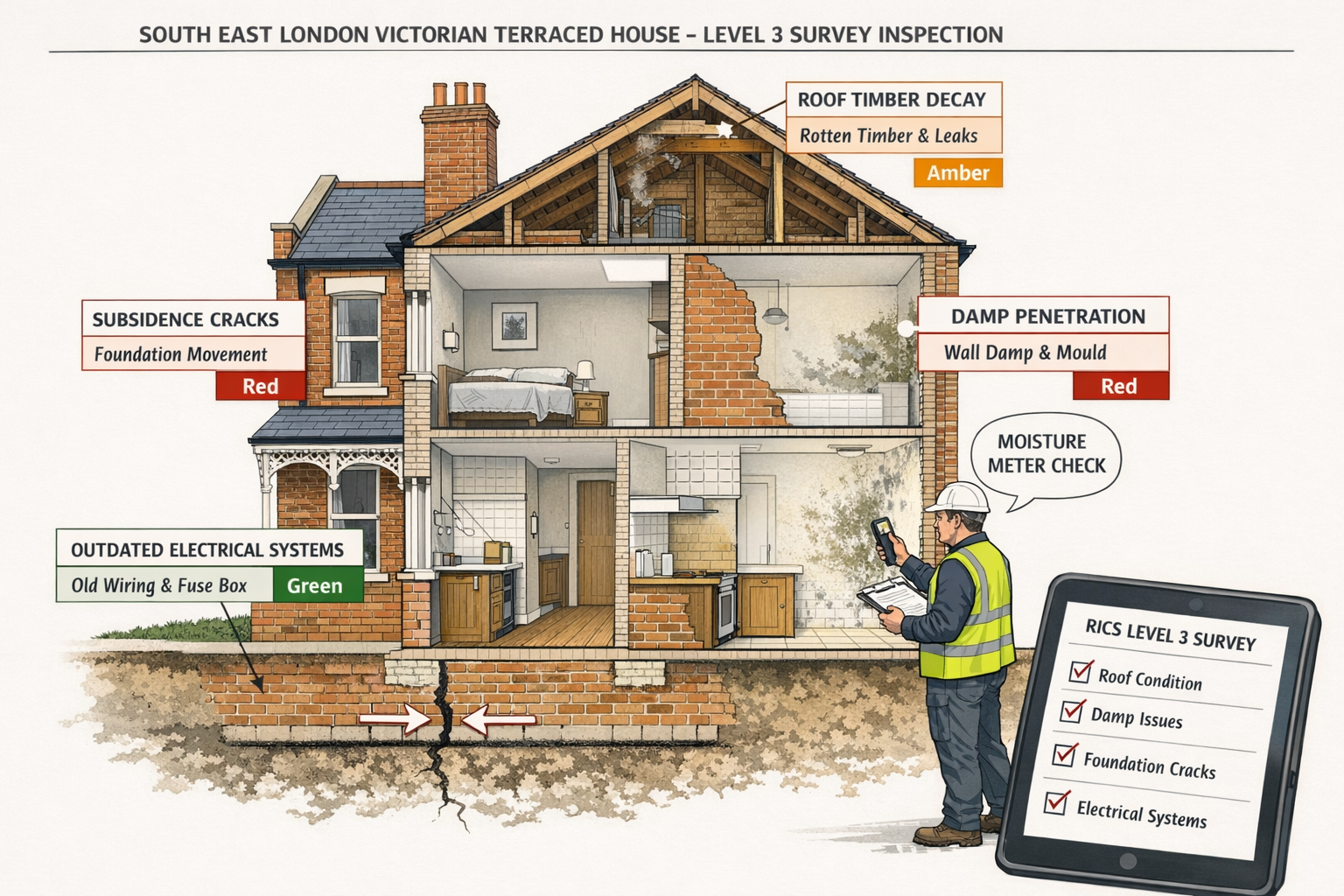 () detailed cutaway illustration of a South East London Victorian terraced house showing Level 3 RICS survey inspection