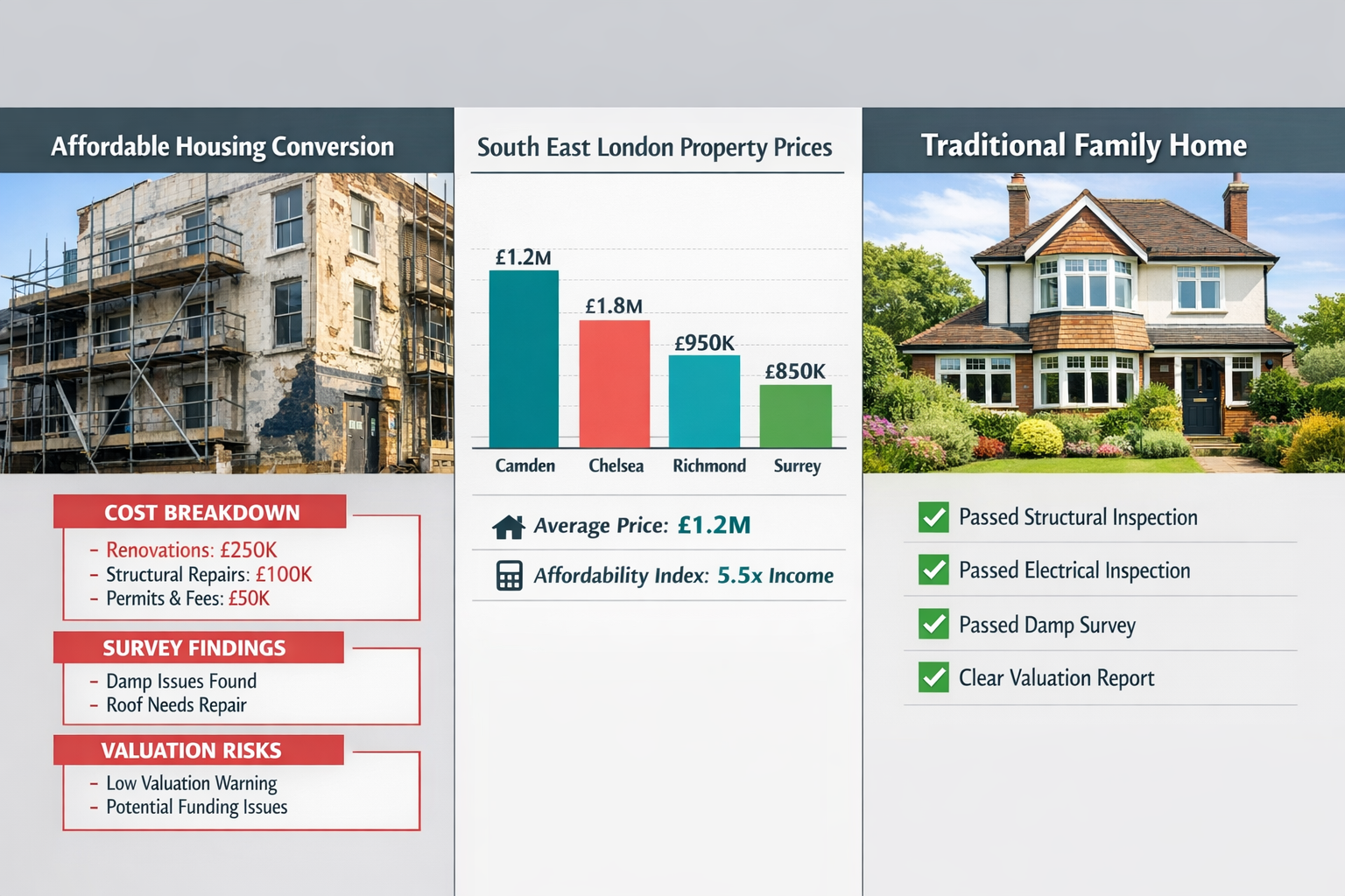 () split-screen comparison infographic showing two South East London properties side-by-side: left side displays affordable