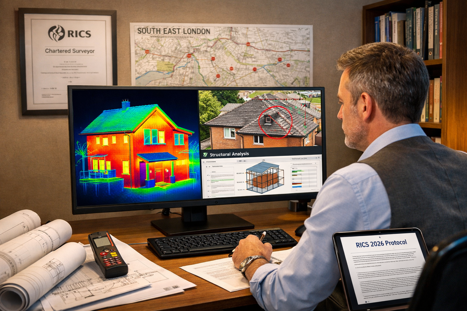 () modern surveyor's office scene showing RICS-qualified chartered surveyor reviewing digital building survey report on