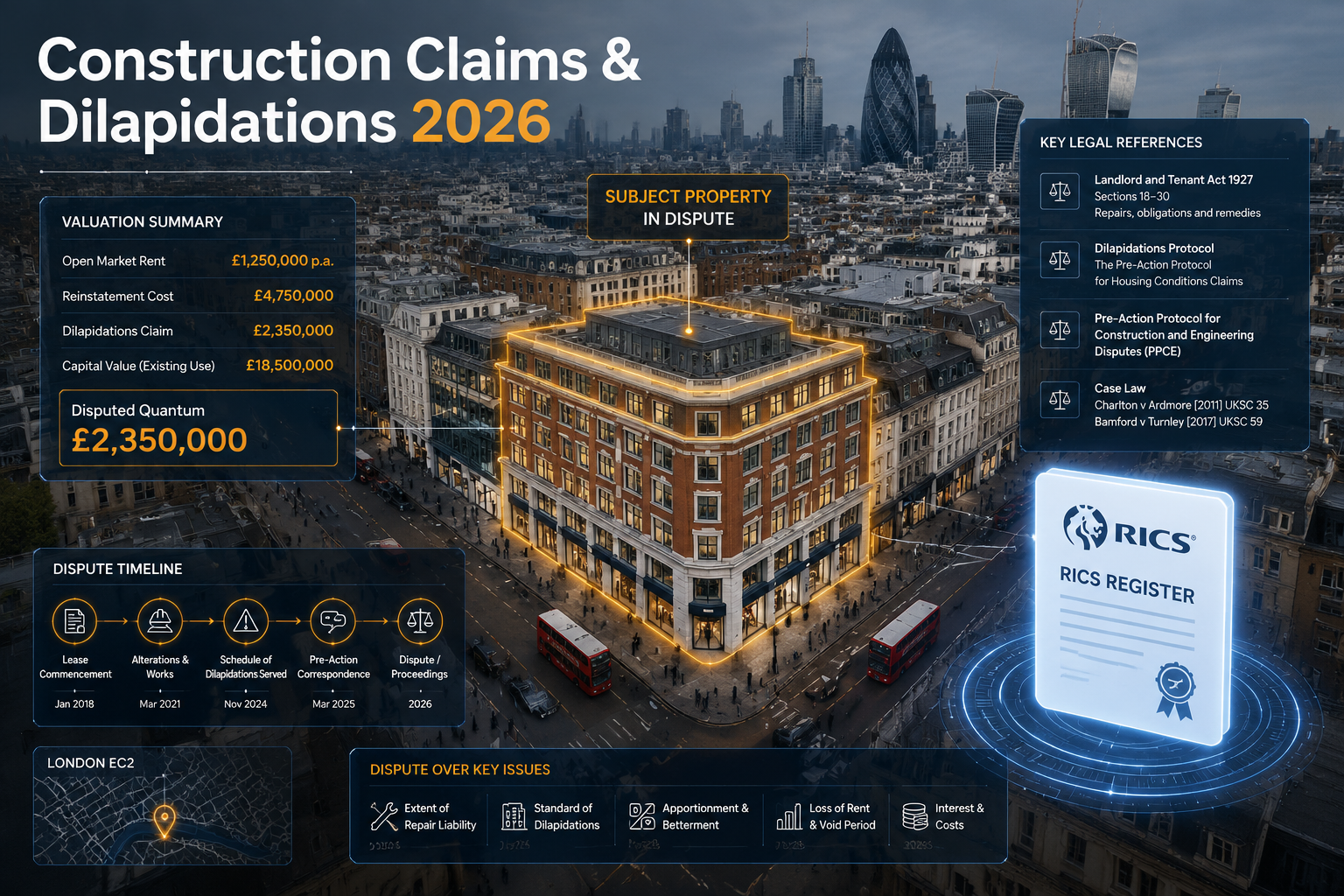 Detailed () aerial-perspective concept graphic showing a London commercial property dispute scenario: a bird's-eye view of a
