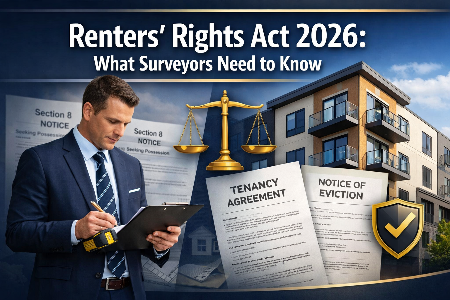 Professional () hero image featuring 'Renters' Rights Act 2026: What Surveyors Need to Know' in extra large white with dark