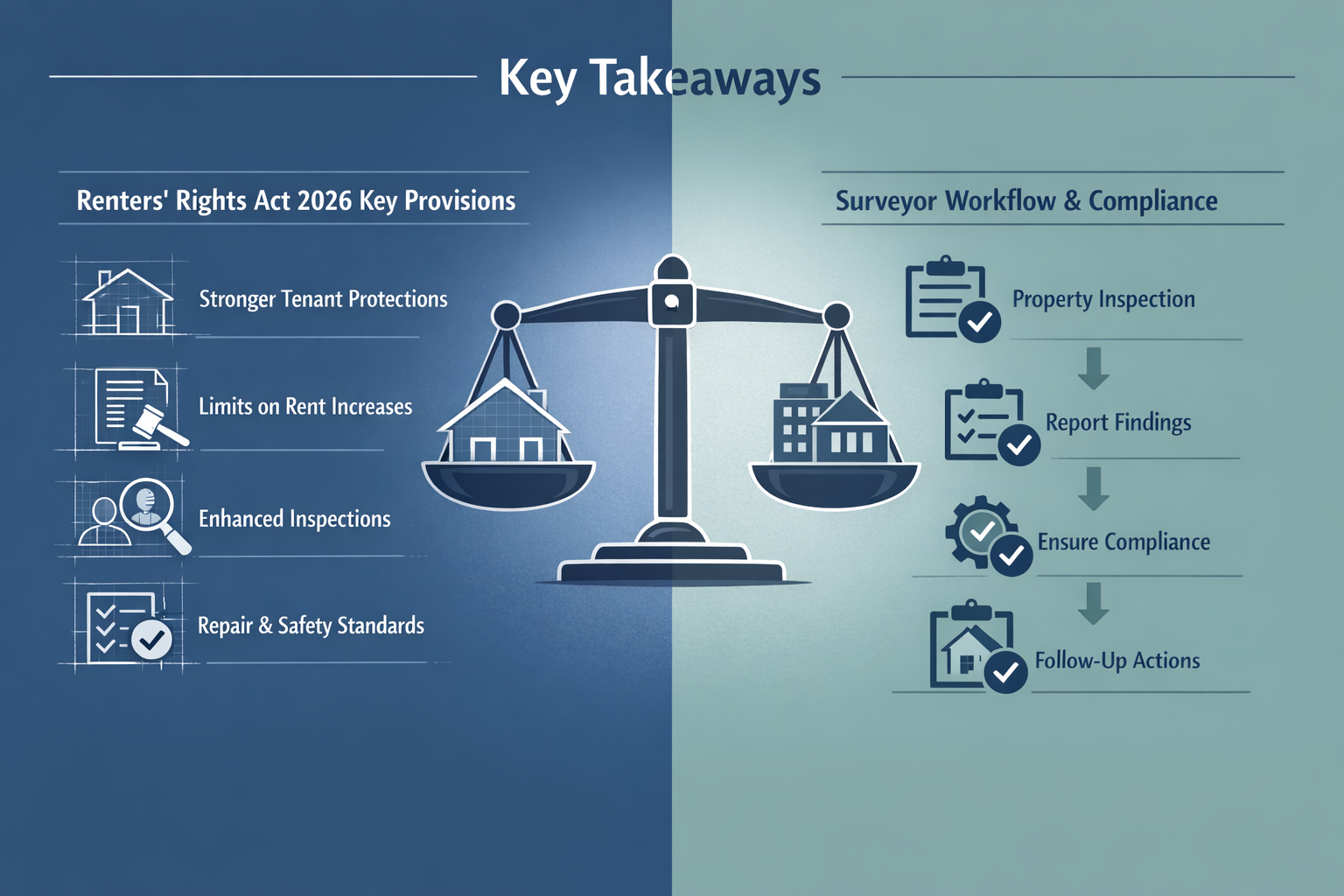Key Takeaways section infographic with split-screen design: Left side features architectural blueprint-style icons