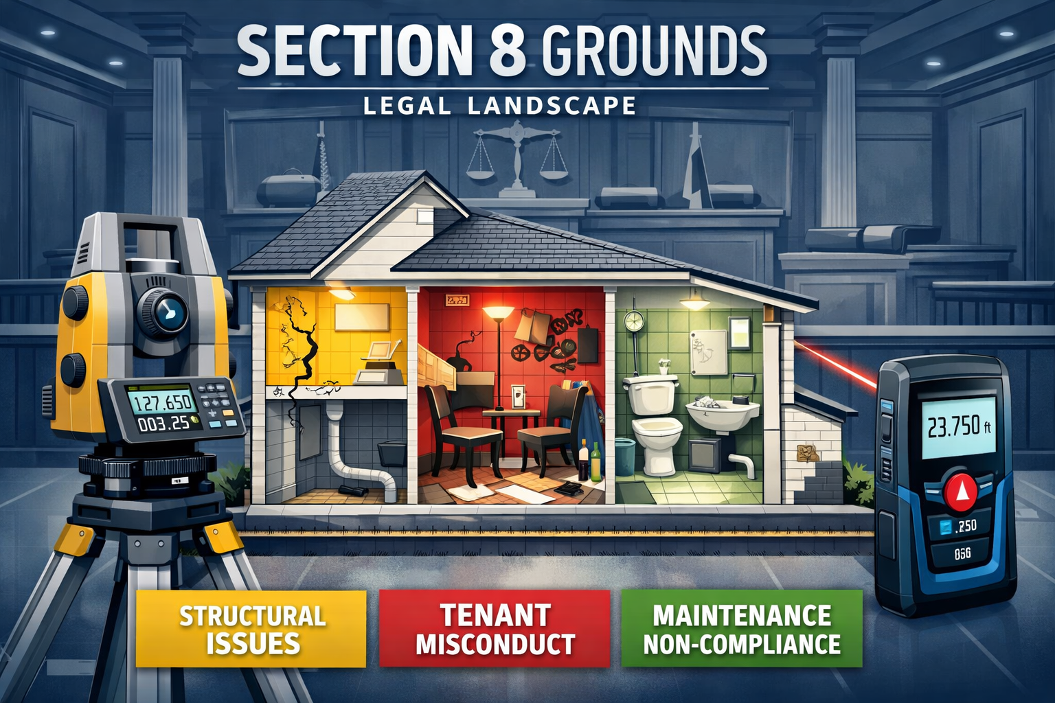 Section 8 Grounds illustration depicting legal landscape with stylized courtroom background. Foreground shows detailed