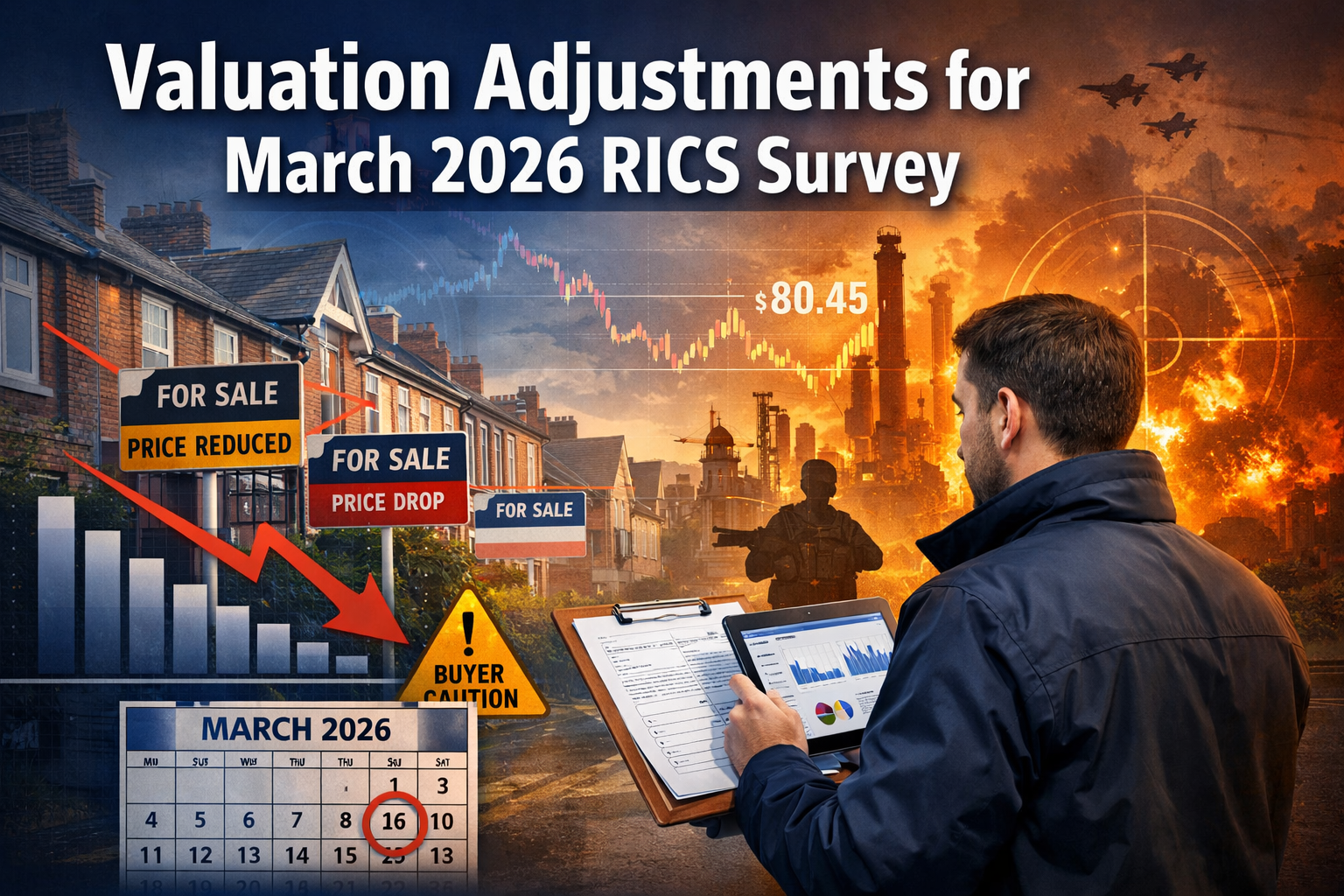 Professional () hero image featuring 'Valuation Adjustments for March 2026 RICS Survey' in extra large white with dark ,