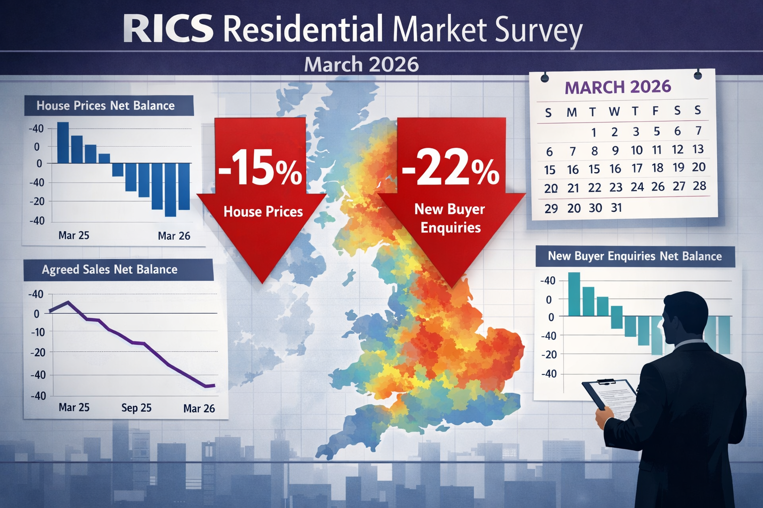 Detailed () image showing RICS Residential Market Survey March 2026 data visualization with multiple bar charts and line