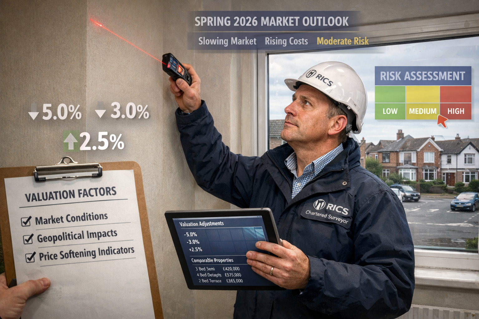 Detailed () image depicting professional property valuation scene with RICS chartered surveyor conducting detailed