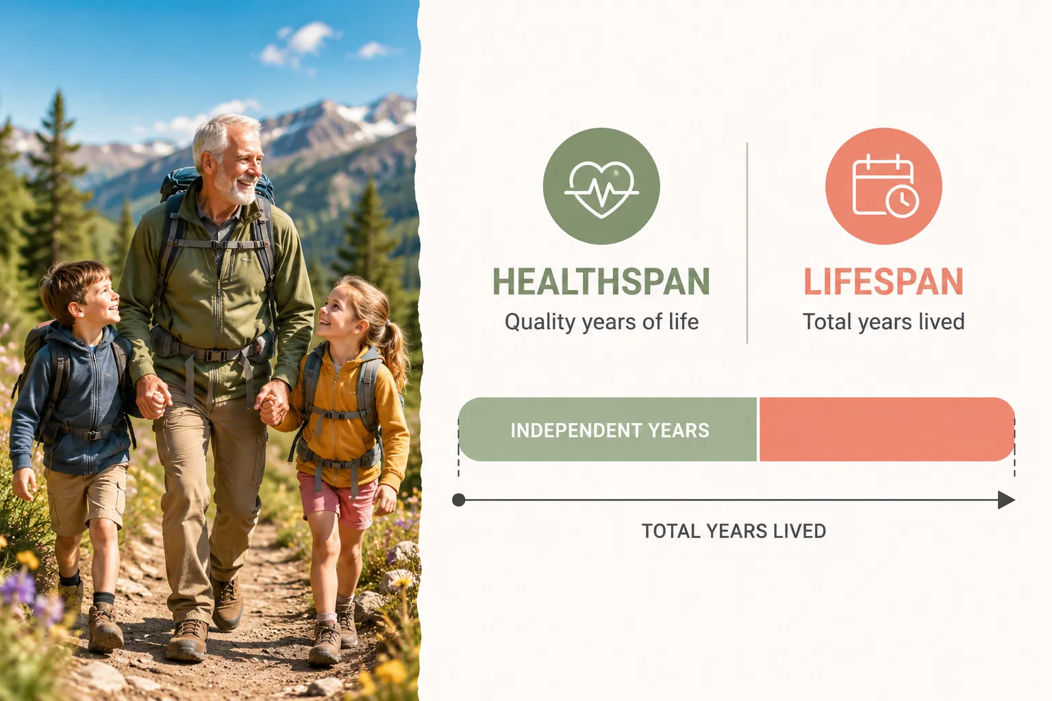 Editorial landscape split-screen conceptual illustration contrasting 'healthspan' and 'lifespan': left side shows a vibrant