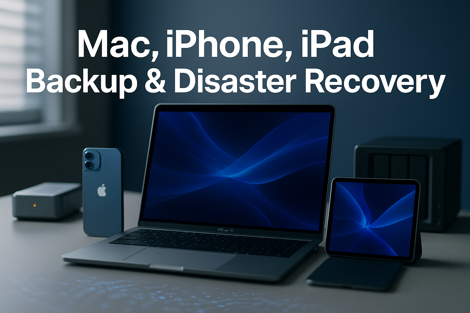 Professional landscape hero image (1536x1024) featuring bold text overlay 'Mac, iPhone, iPad Backup & Disaster Recovery' in extra large 72pt
